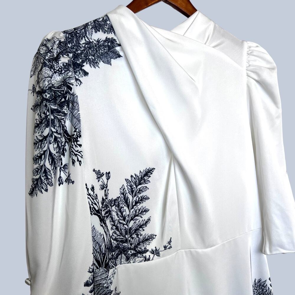 NWT Floral Print Midi Dress in White with Black Botanical Print Women's Large - Picture 4 of 16